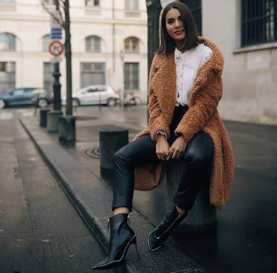 Long Brown Teddy Coat with Leather Pants and Studded Boots — Teddy Coat Outfits