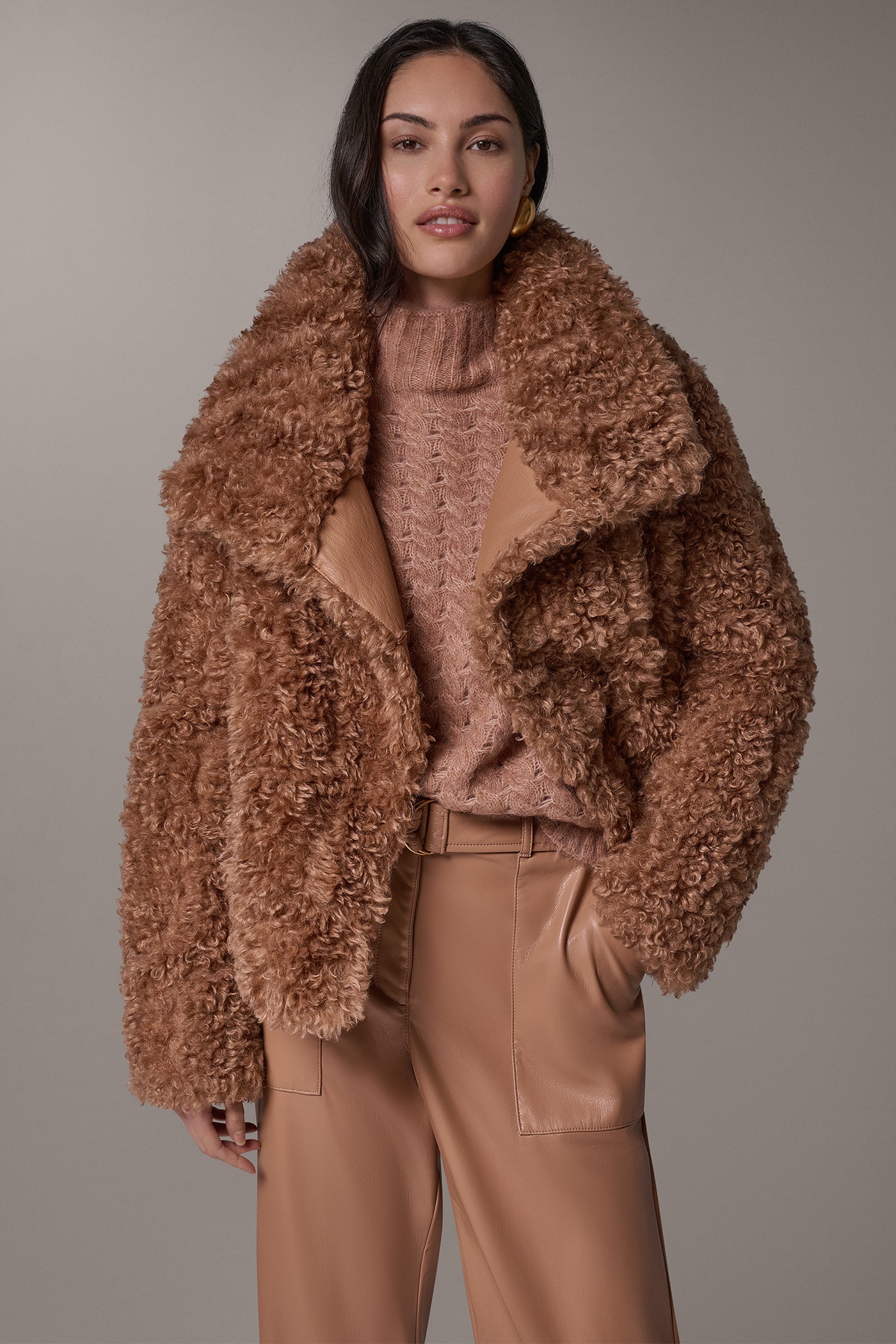 Textured Curly Shearling Jacket with Leather Accents — Shearling Coat Outfits