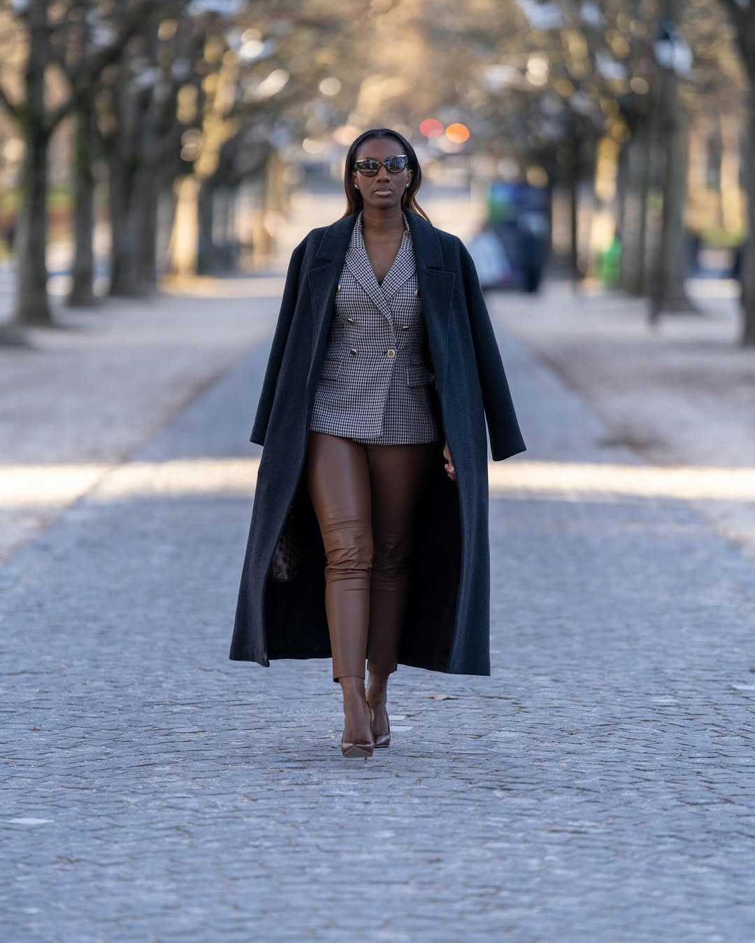 Charcoal Coat and Houndstooth Blazer with Faux Leather Trousers — Casual Winter Outfits