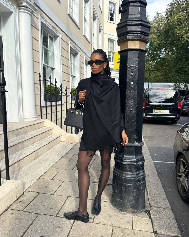 Black Dress Black Scarf Outfit Idea — All Black Winter Outfits