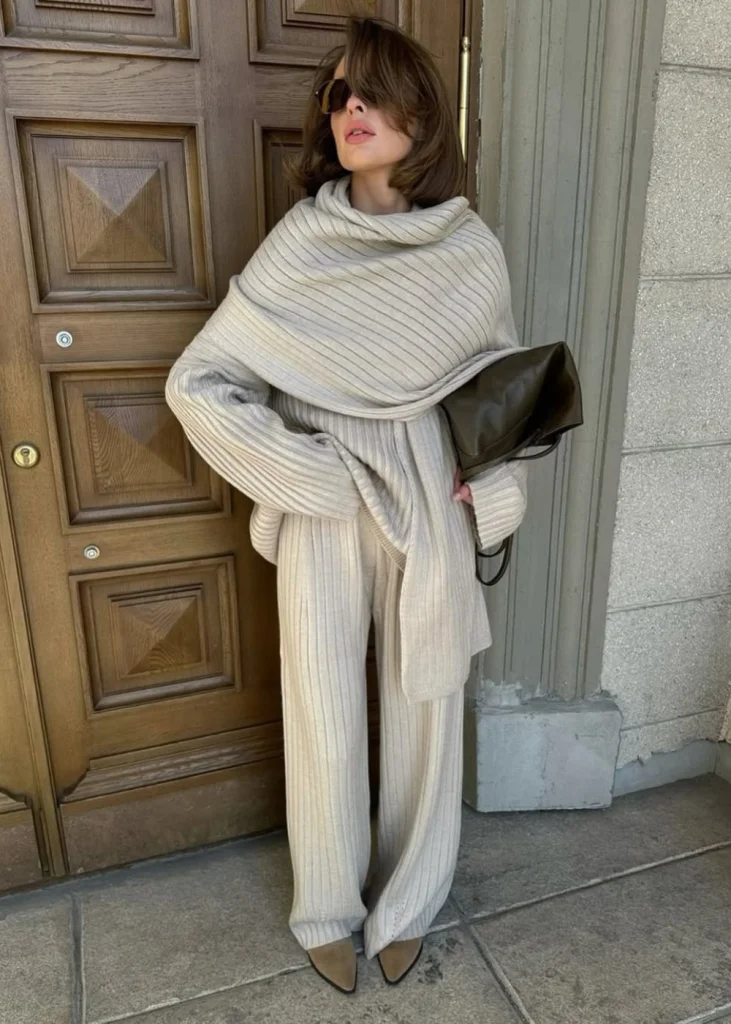 Brown Open-Knit Set for Evening Elegance Brown Open-Knit Set for Evening Elegance — Knit Set Outfits