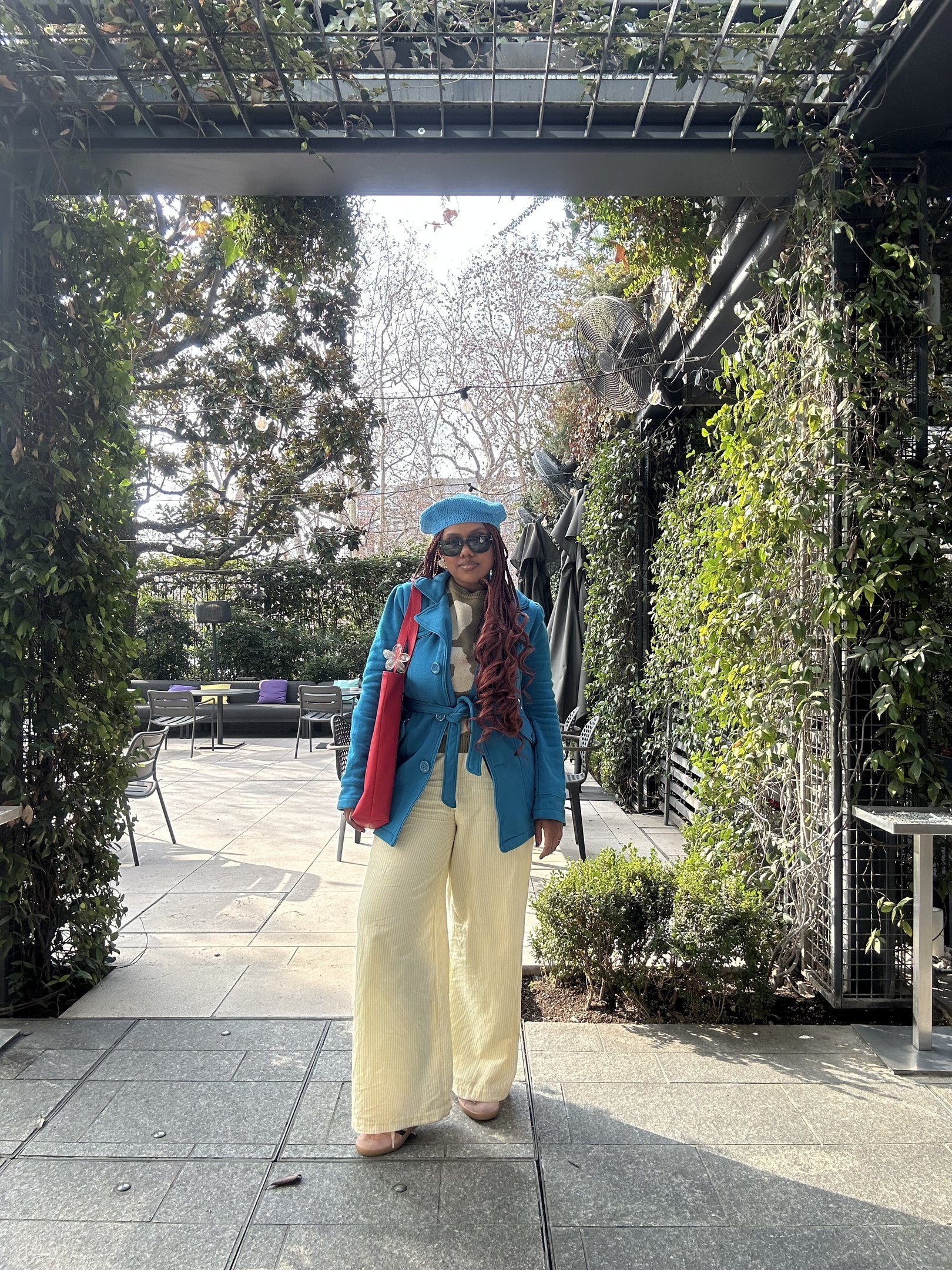 Blue Jacket and Corduroy Trousers with a Pop of Red Blue Jacket and Corduroy Trousers with a Pop of Red — Winter Travel Outfits