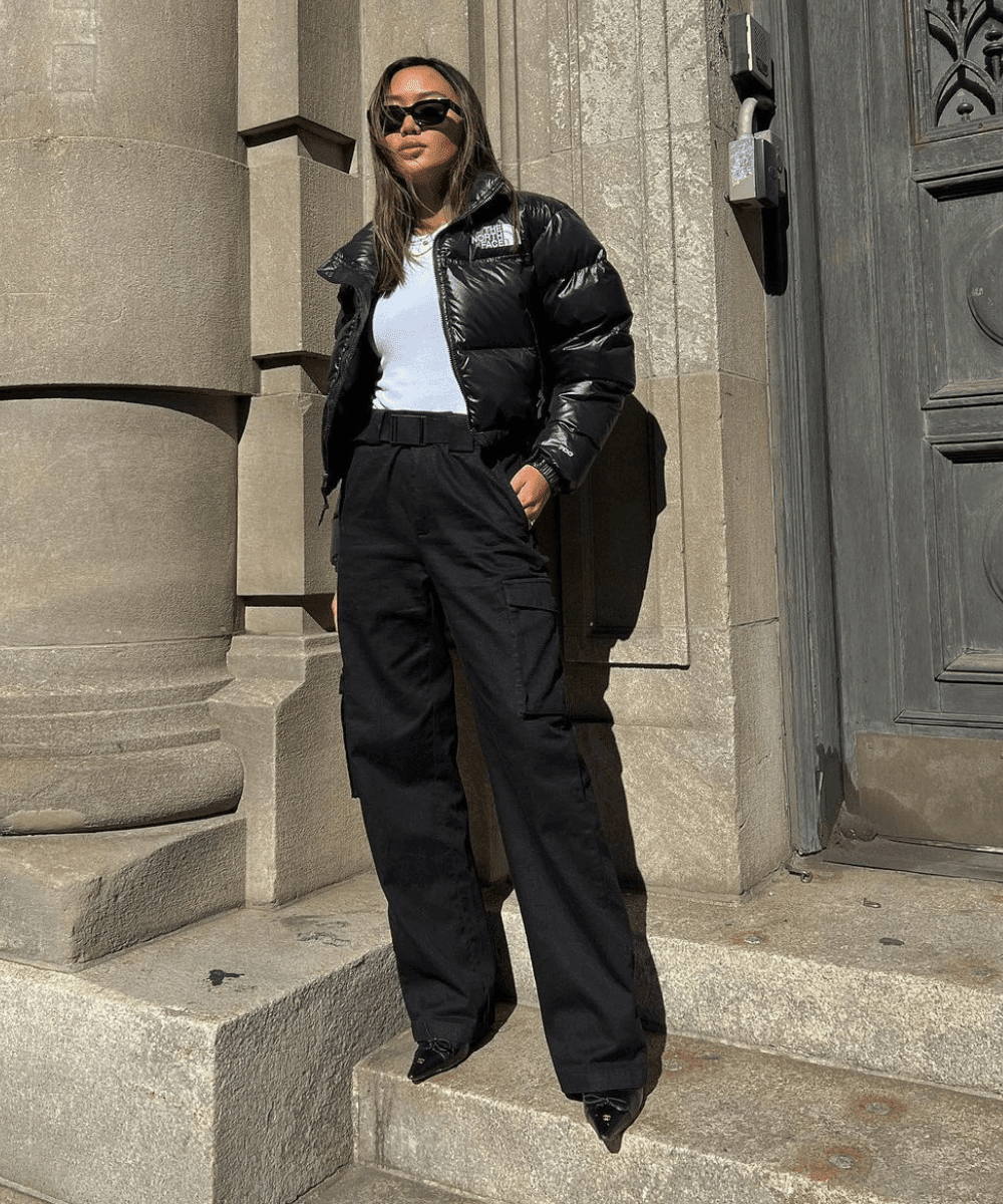 Cropped Black Puffer with Cargo Pants and Pointed Heels — Winter Puffer Jacket Outfits