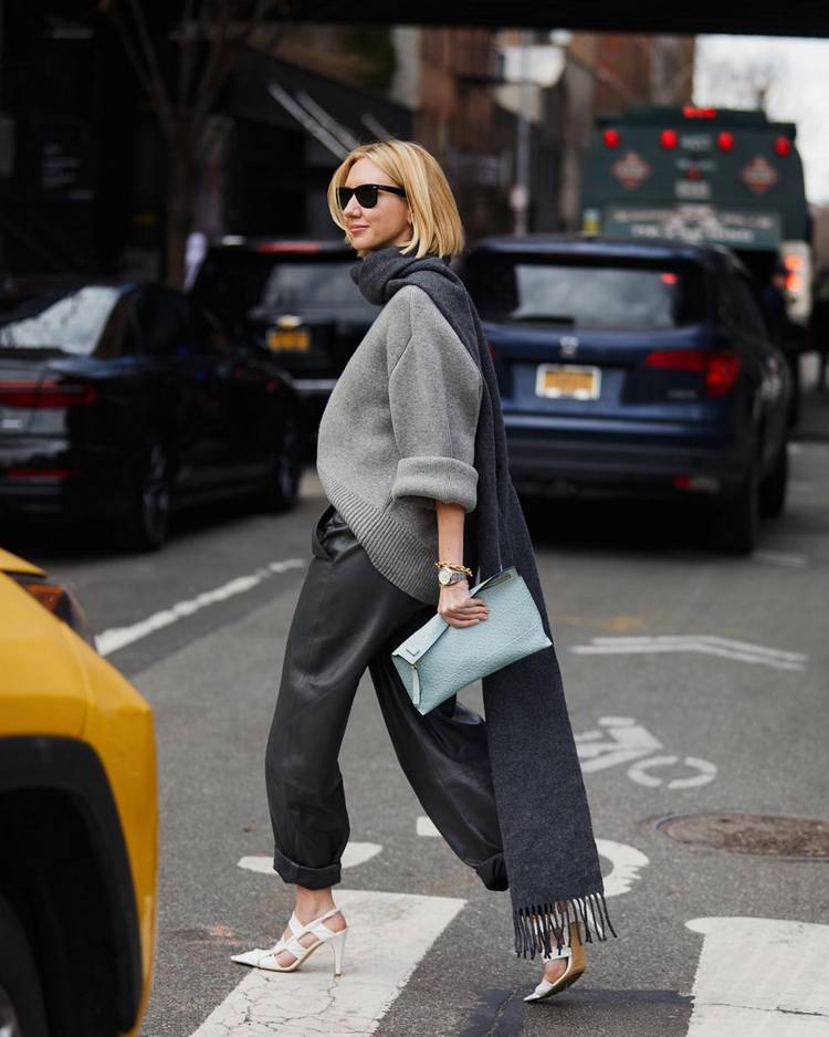 Grey Turtleneck Sweater with Leather Pants and Scarf — Oversized Sweater Outfits