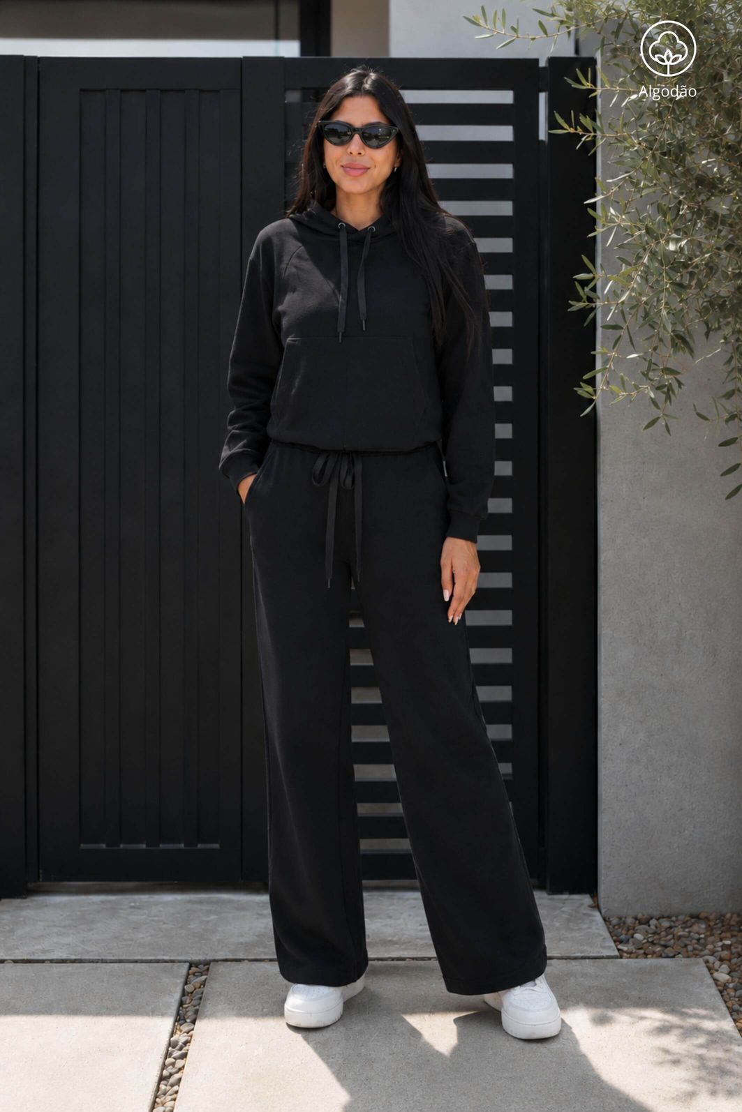 Black Hooded Sweatshirt and Matching Wide-Leg Sweatpants — Loungewear Outfits