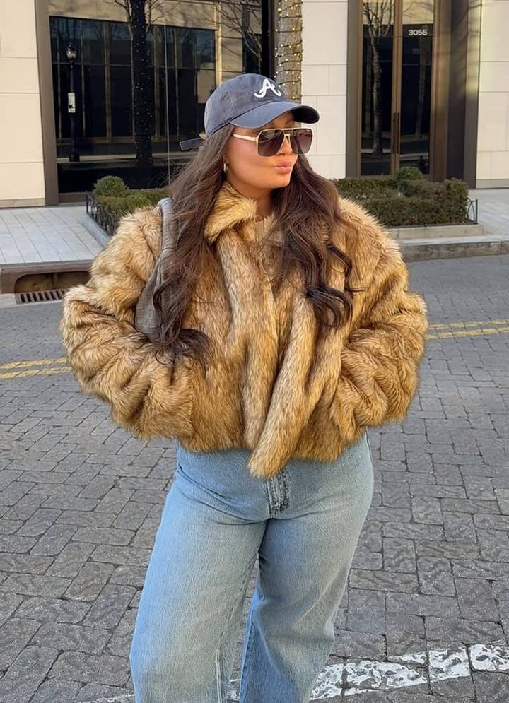 Grey And White Sneakers Outfit Idea — Faux Fur Coat Outfits