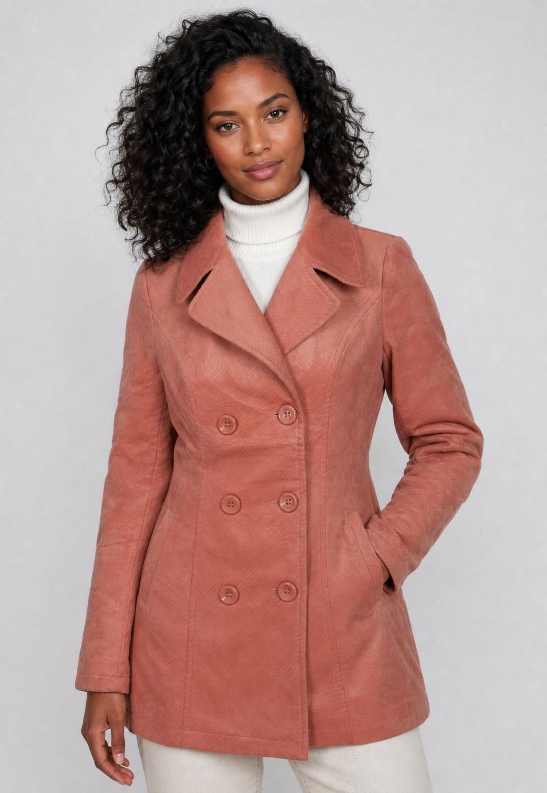 Fitted Pink Peacoat with Suede-Like Texture — Peacoat Outfits