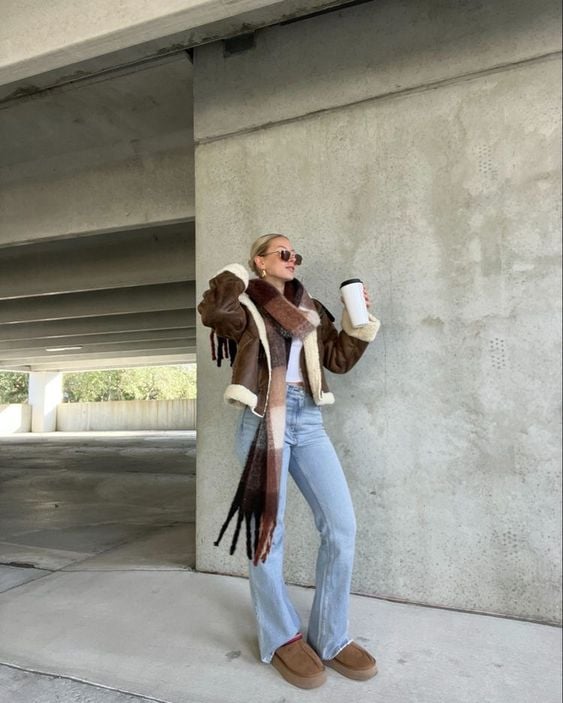 Cozy Shearling Jacket and Plaid Scarf — Ugg Boots Outfits
