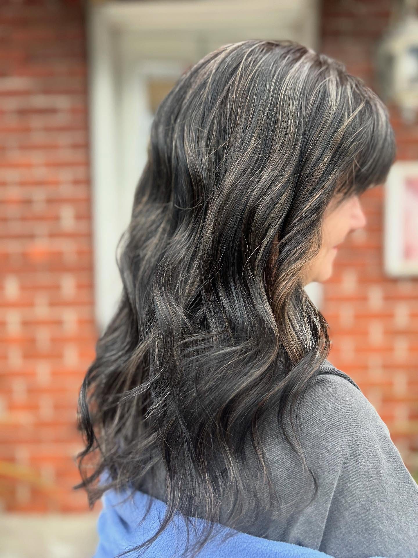 Side Swept Bangs Visual Idea — Gray Blending Highlights
