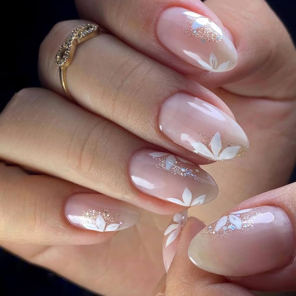 Milky Pink Floral Accent Glitter Almond Nails — Short Winter Almond Nails