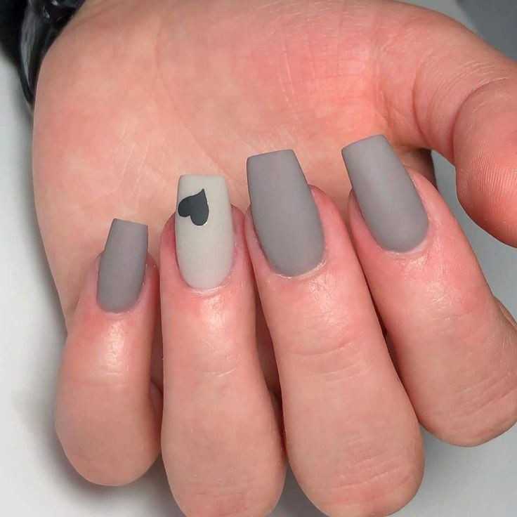 Matte Grey with Minimalist Heart — Winter Matte Nails