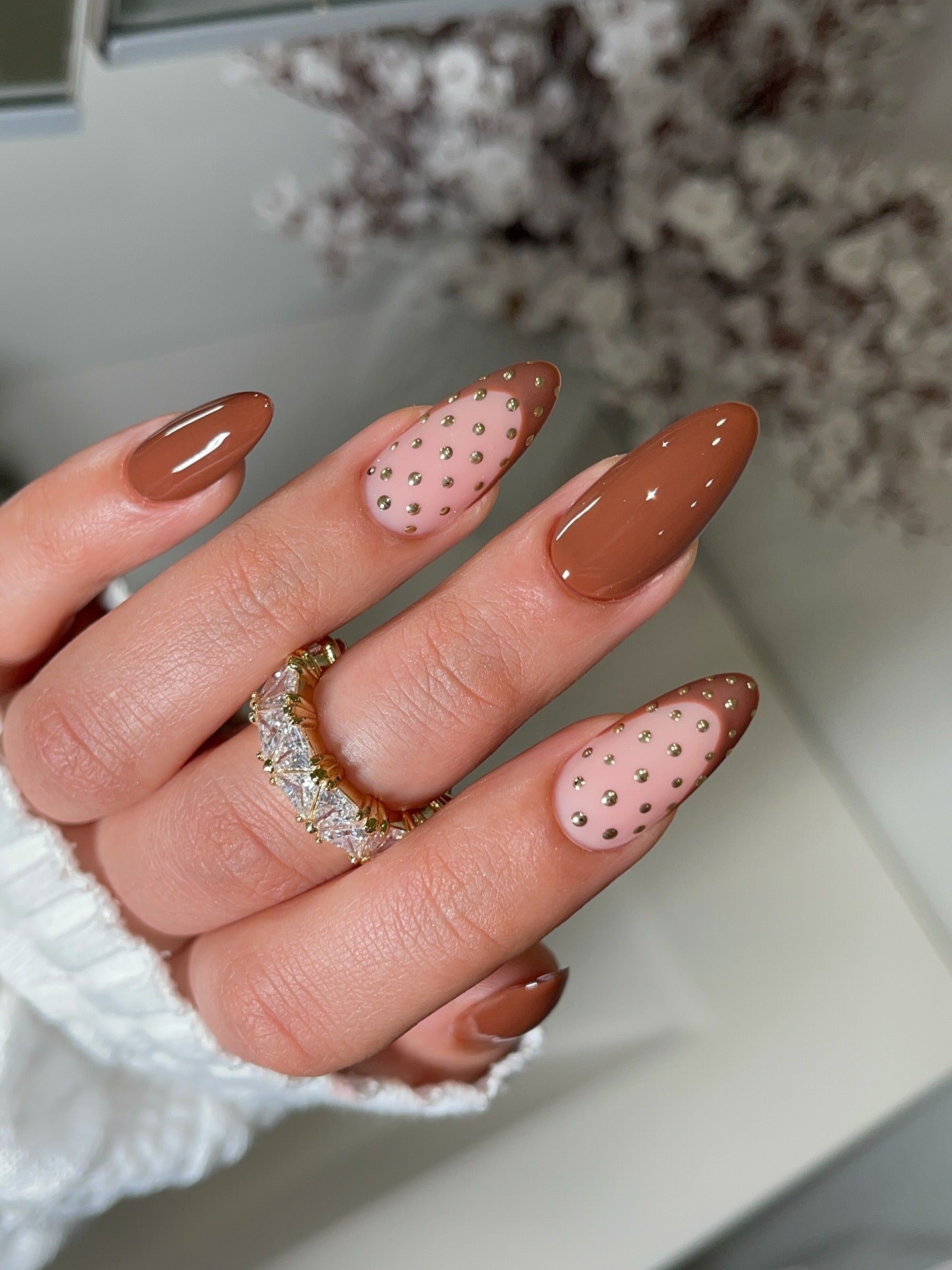 Brown French Tip with Gold Stud Accents Brown French Tip with Gold Stud Accents — Winter Oval Nails