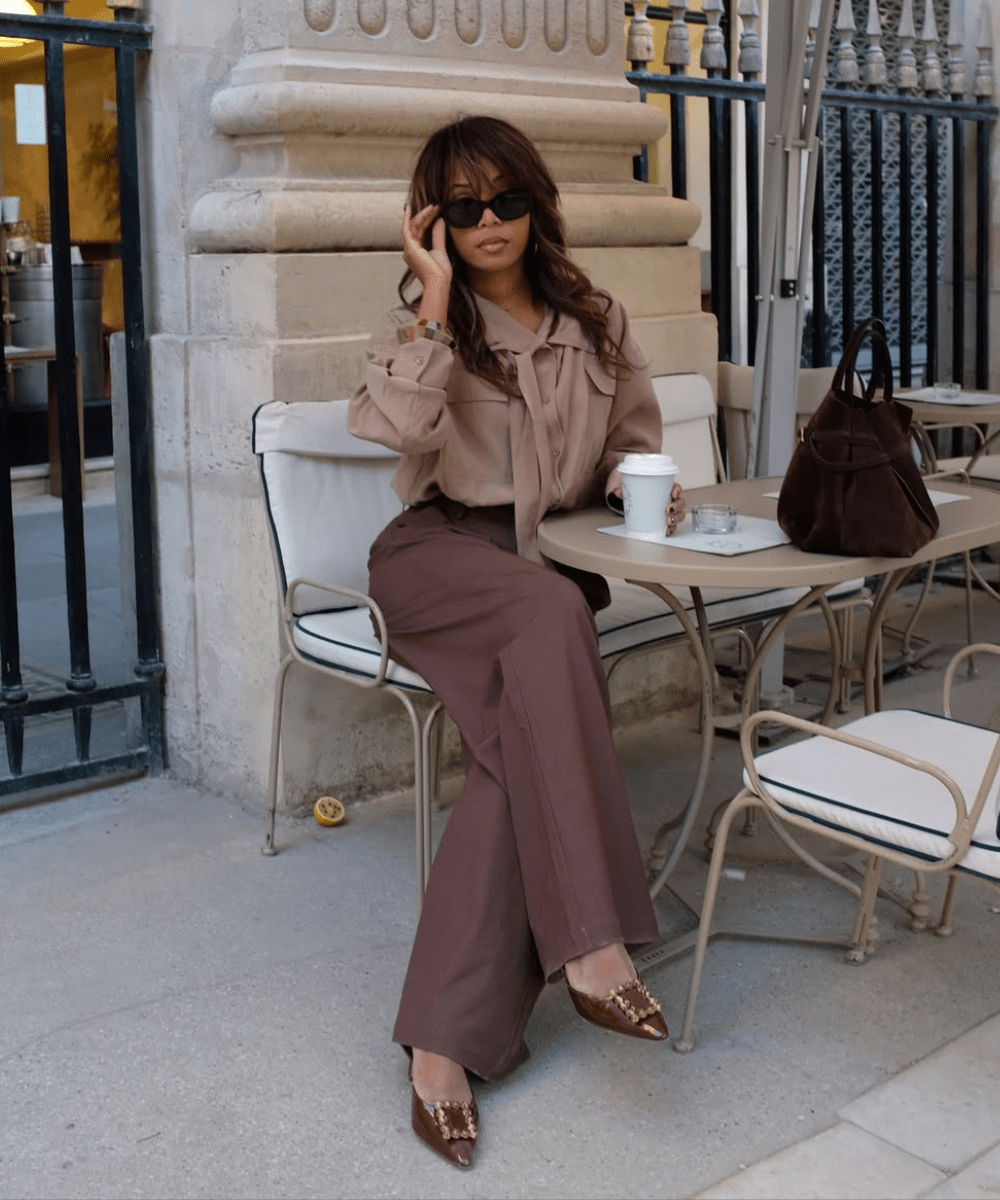 Beige Collared Shirt with Brown Trousers and Embellished Heels — Winter Business Casual Outfits