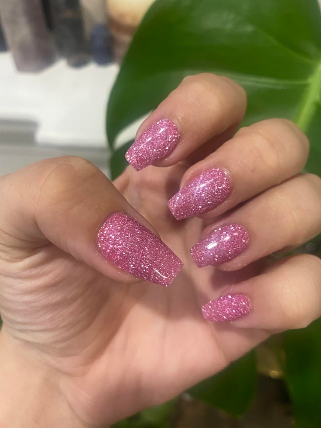 Full Coverage Bright Pink Glitter Nails — Winter Pink Nails