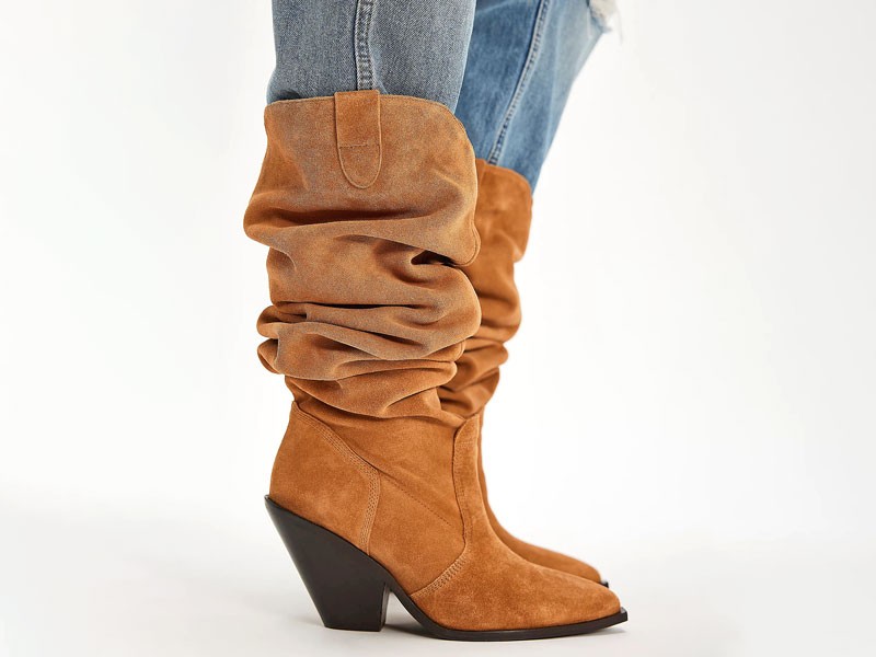 Detail Crop Tan Suede Slouchy Boots with Angular Heel — Slouchy Boots Outfits