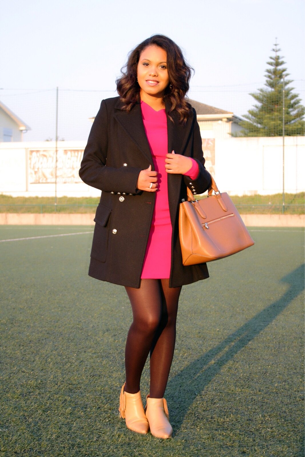 Bright Pink Mini Dress with Classic Winter Outerwear — Winter Dress Outfits
