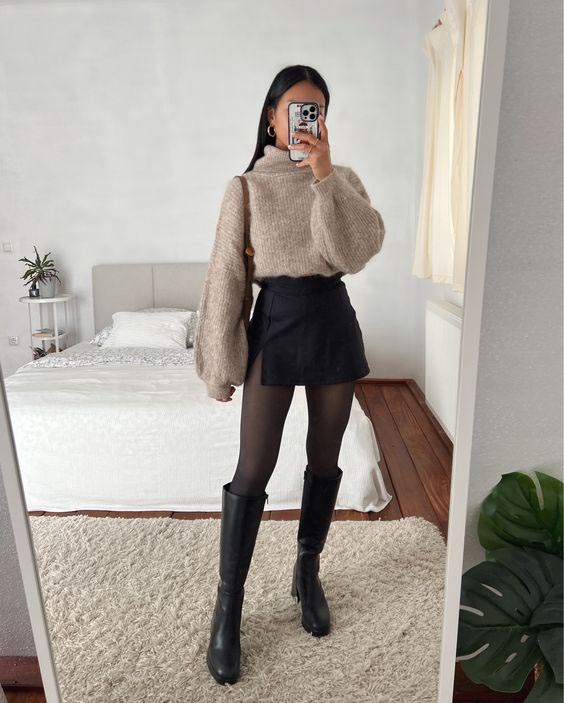 Beige Balloon Sleeve Sweater with Faux Leather Mini Skirt Beige Balloon Sleeve Sweater with Faux Leather Mini Skirt — Sweater Outfits
