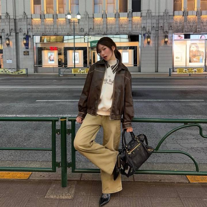 Urban Chic: Brown Leather Bomber with Wide-Leg Trousers — Brown Coat Outfits
