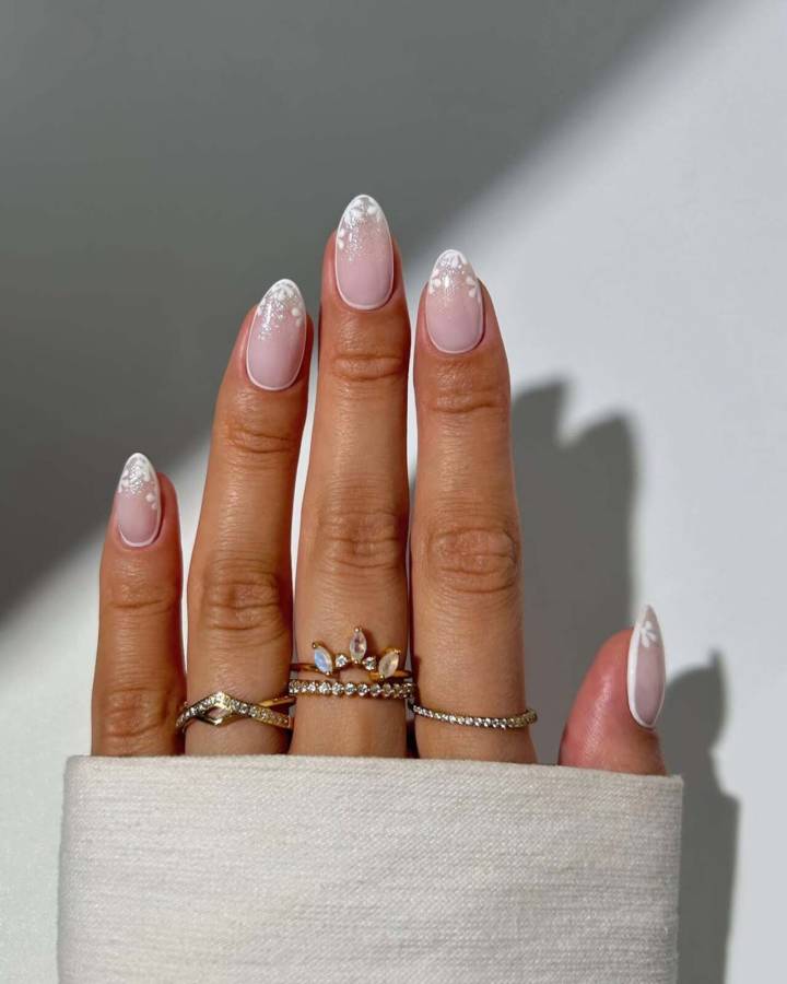 Snowflake French Tip Almond Nails — Winter Round Nails