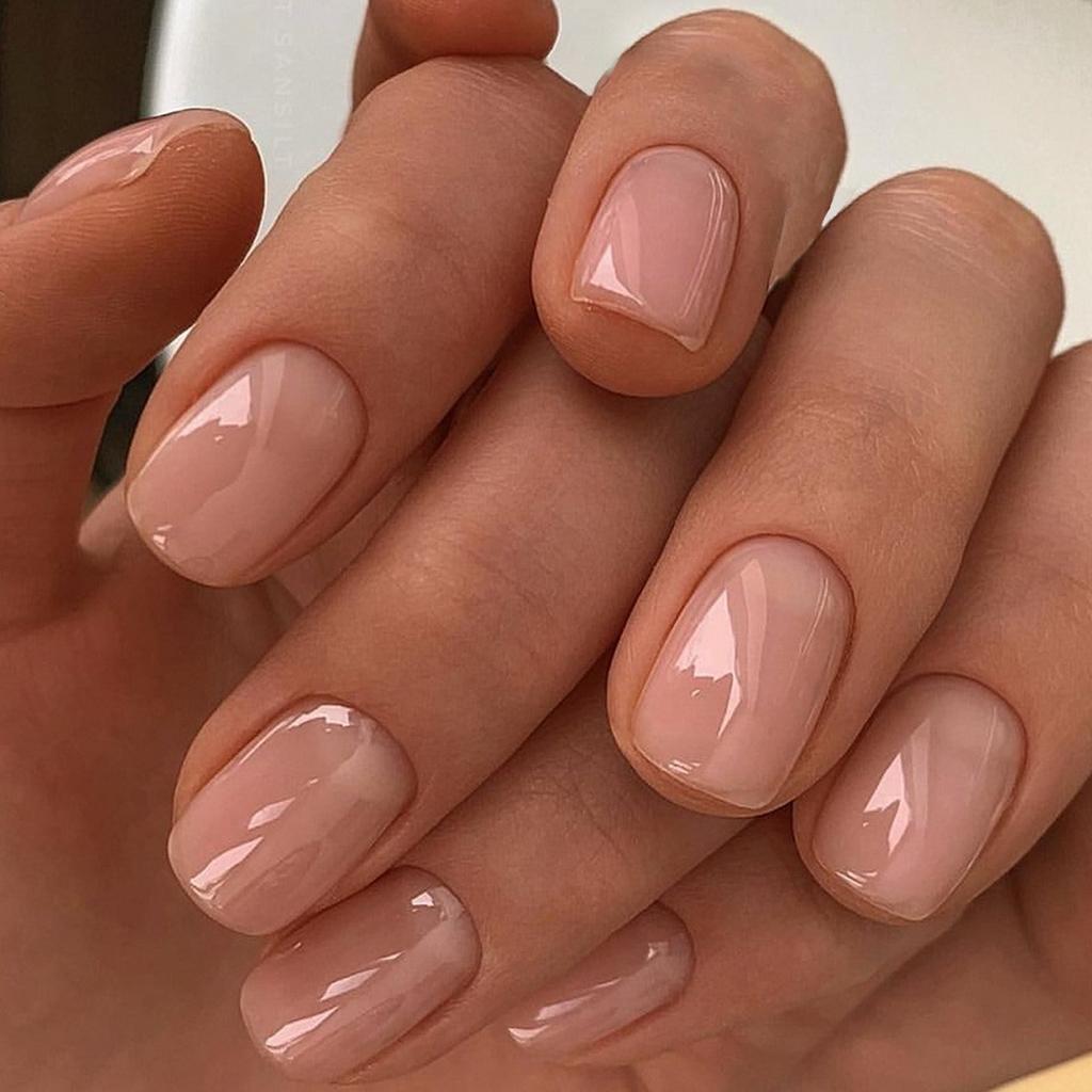 Both Hands Sheer Glossy Pale Pink Nude Short Square Nails Both Hands Sheer Glossy Pale Pink Nude Short Square Nails — Natural Winter Nails
