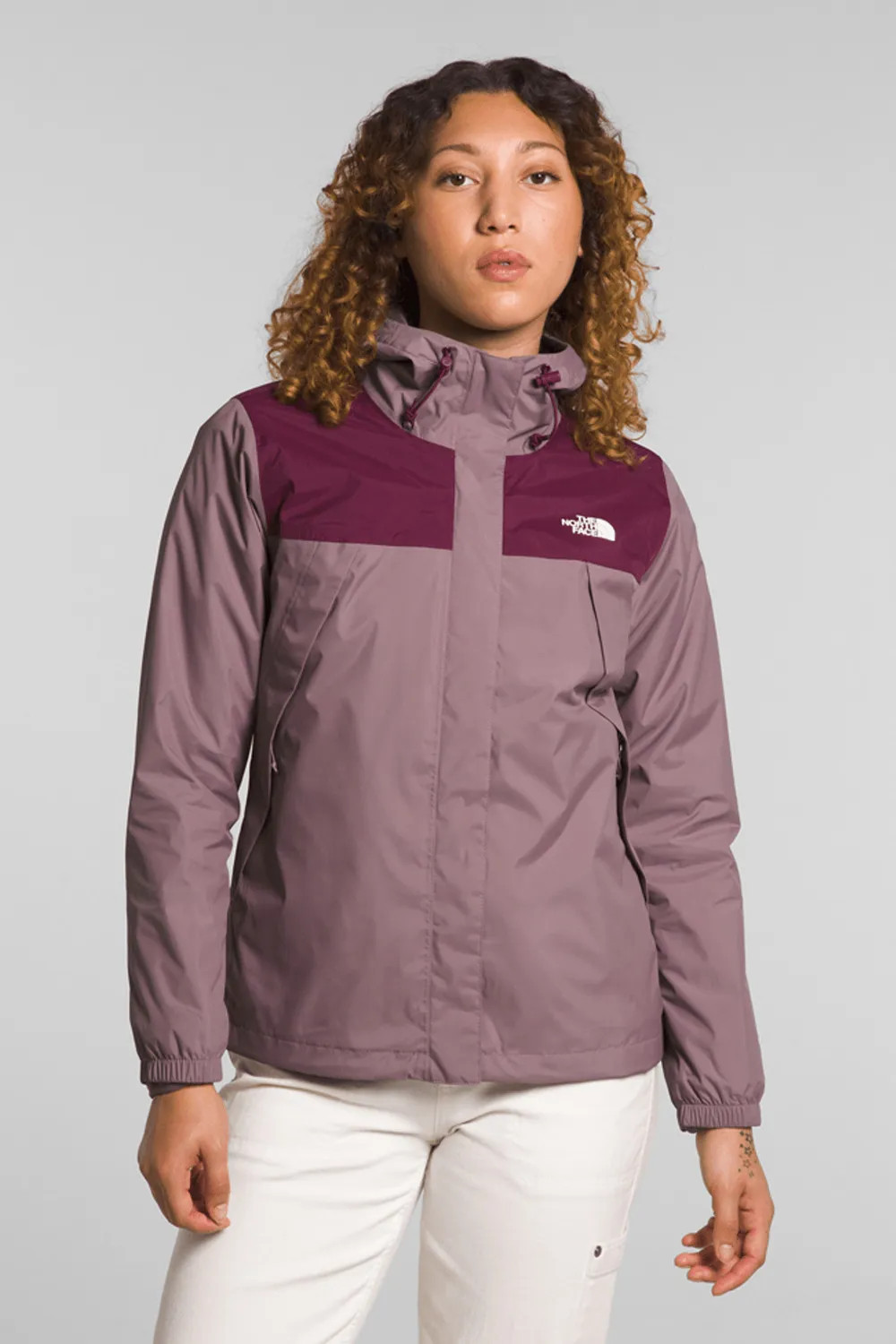 Two-Tone Purple and Grey Jacket for Outdoor Activities — Winter Hiking Outfits