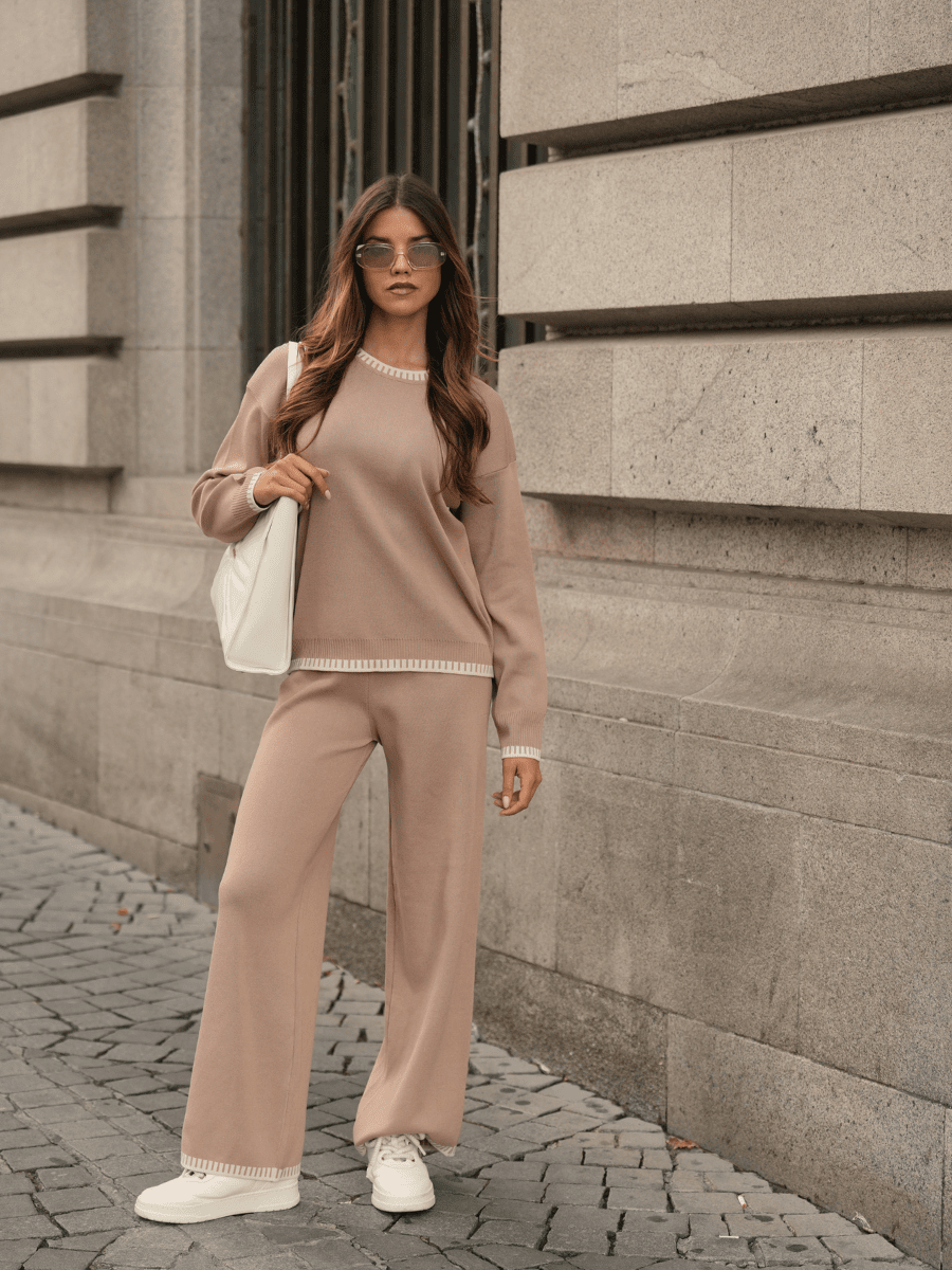 Monochromatic Beige Knit Set with White Trim — Knit Set Outfits