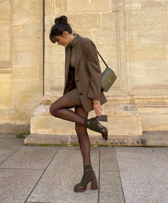 Black Tights with a Plaid Blazer Set and Block Heels — Tights Outfits