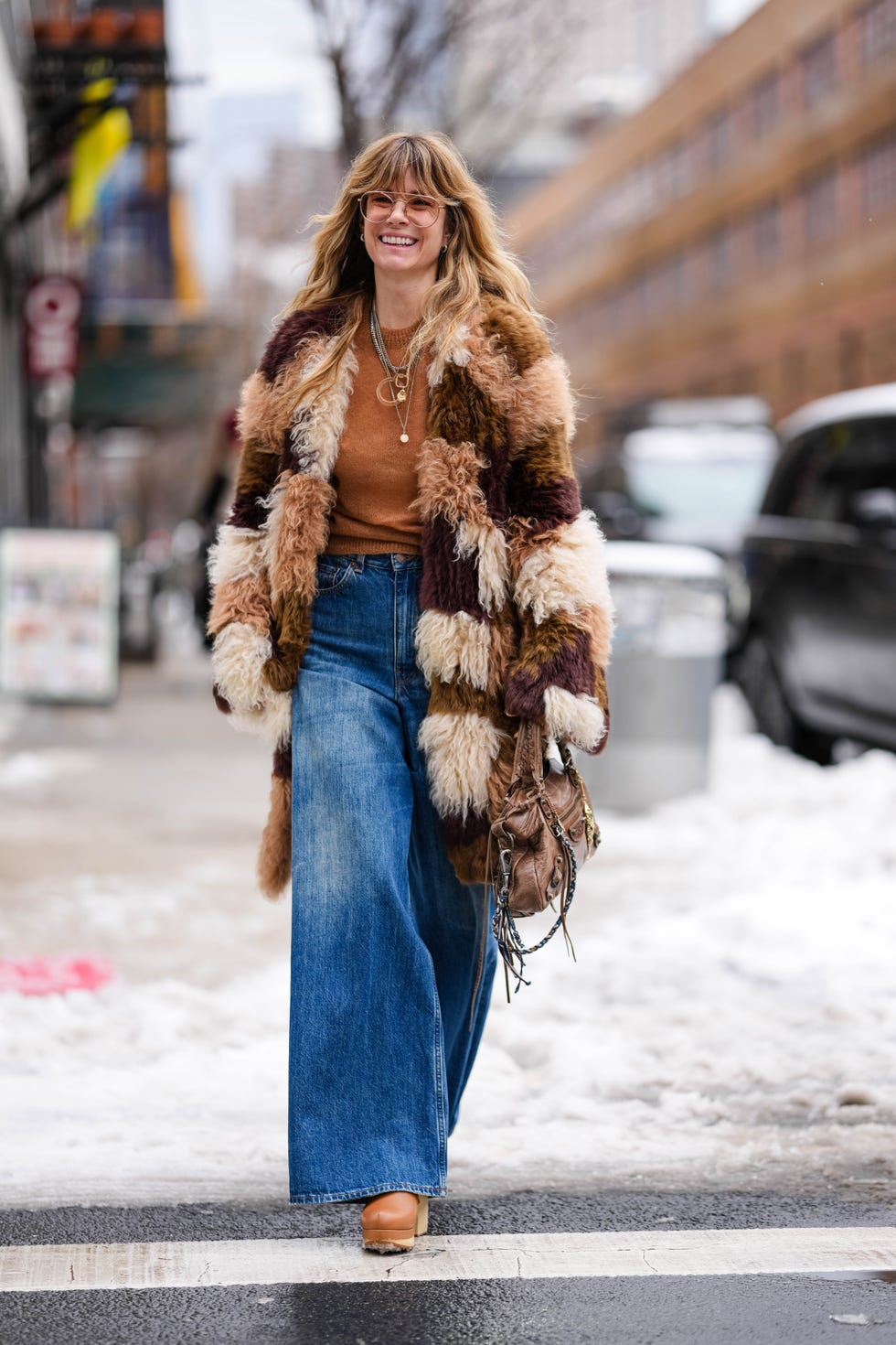 Patchwork Faux Fur Coat with Wide-Leg Jeans and Clogs — NYC Winter Outfits