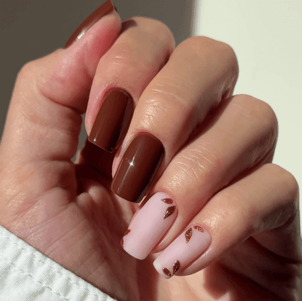 Glossy Brown Matte Pink With Bronze Leaves — Chocolate Brown Nails