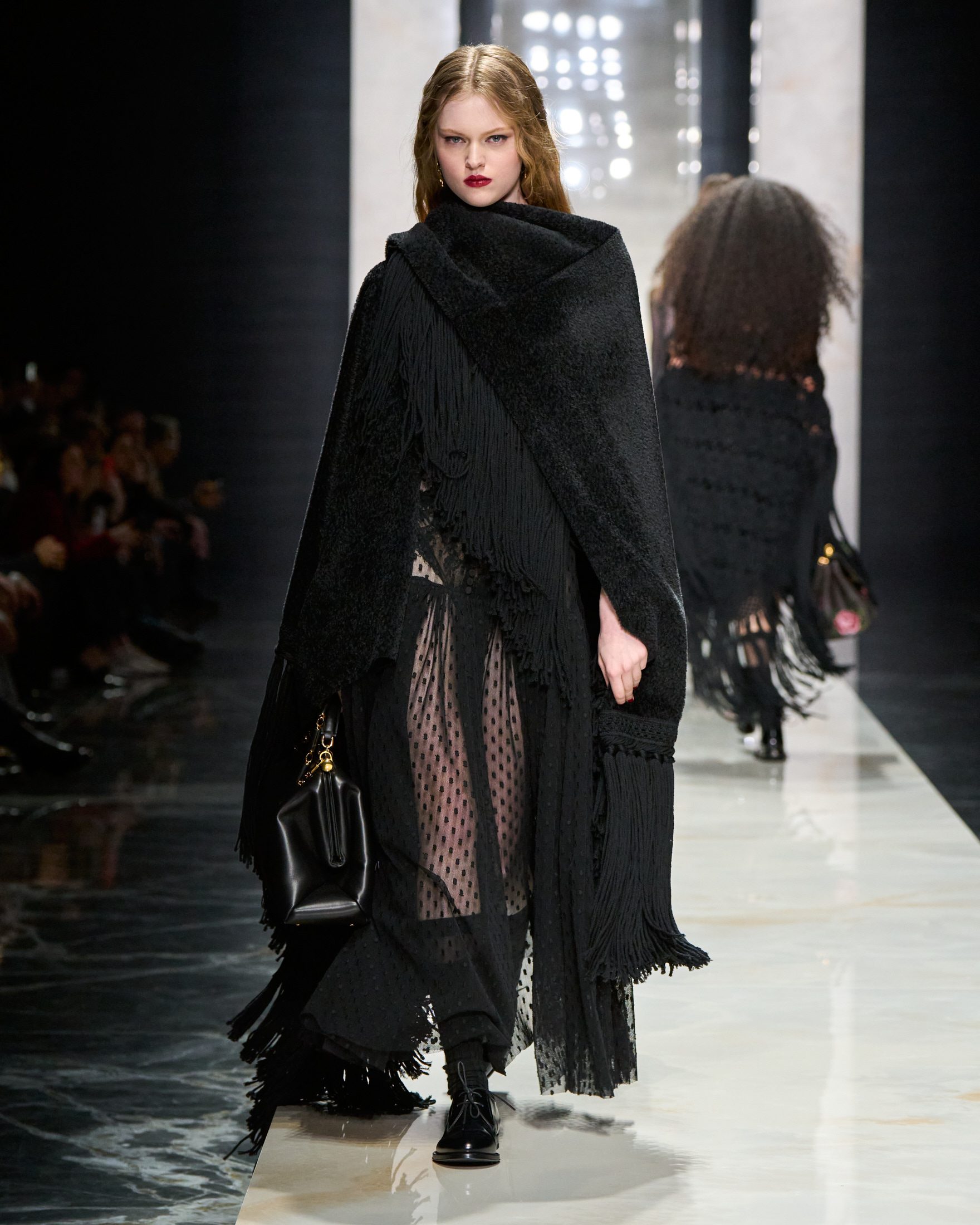 Dramatic Black Sheer Dress with Fringed Shawl Dramatic Black Sheer Dress with Fringed Shawl — Winter Outfits