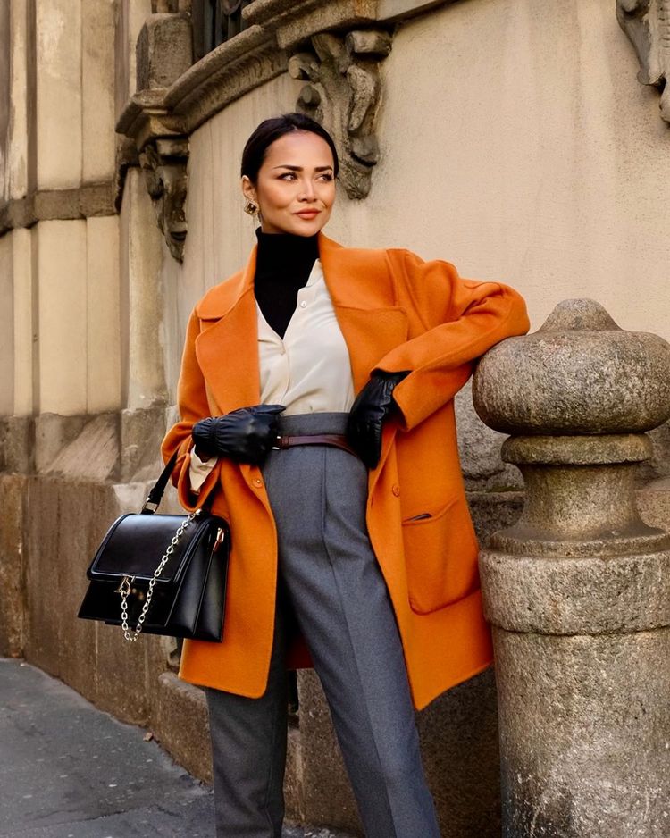 Orange Wool Coat and Leather Gloves for a Sophisticated Winter Ensemble — Colorful Winter Outfits
