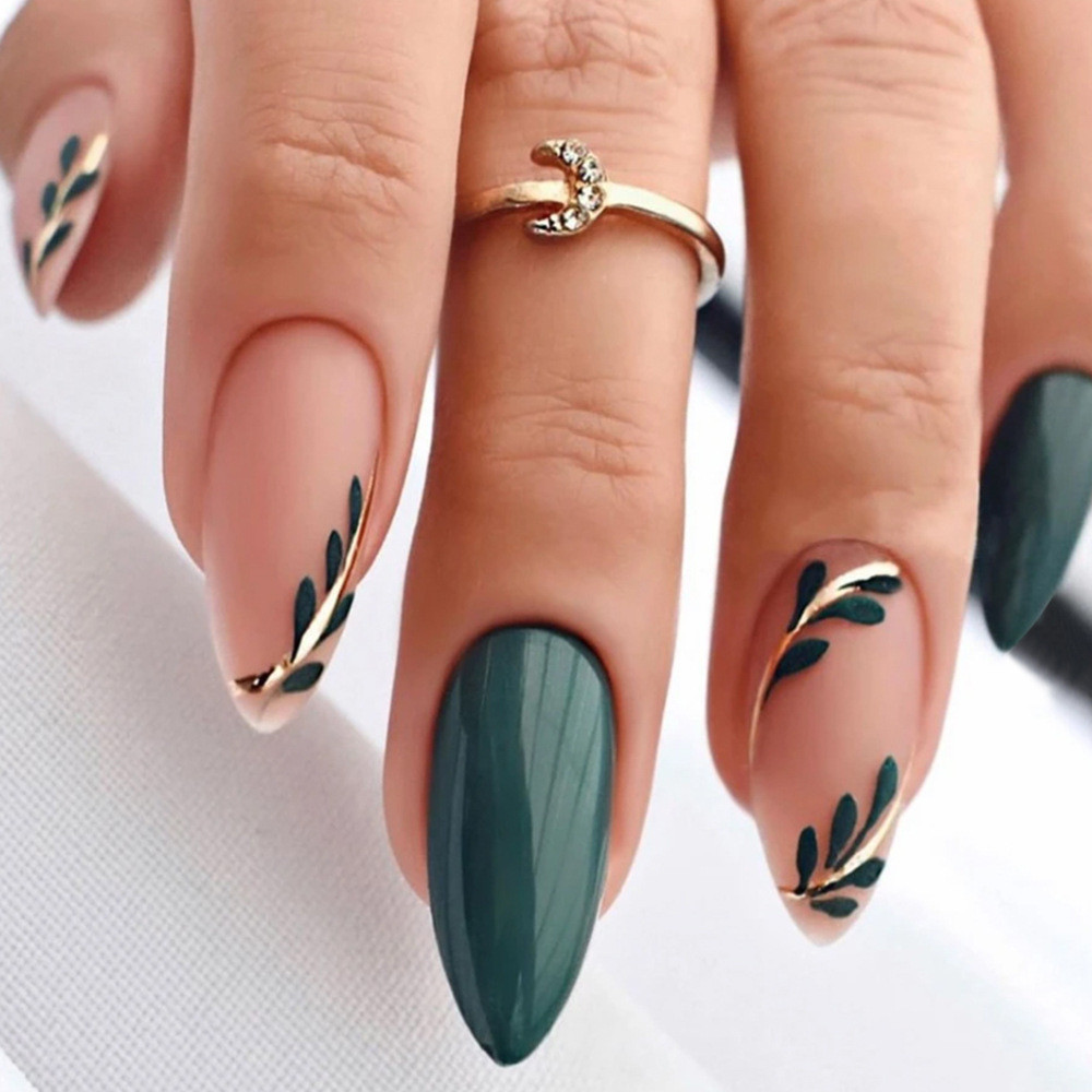 Deep Green Nude Gold Leaf Stiletto Nails Deep Green Nude Gold Leaf Stiletto Nails — Winter Green Nails