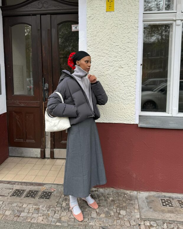 Charcoal Midi Skirt with Puffer Jacket and Mary Janes — Winter Skirt Outfits