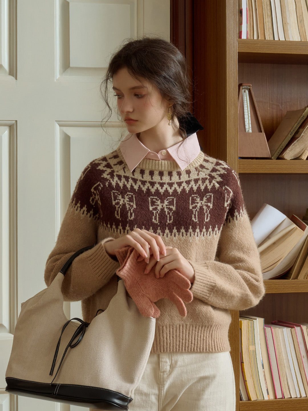Fair Isle Sweater with a Bow Detail and Collared Shirt — Fair Isle Sweater Outfits