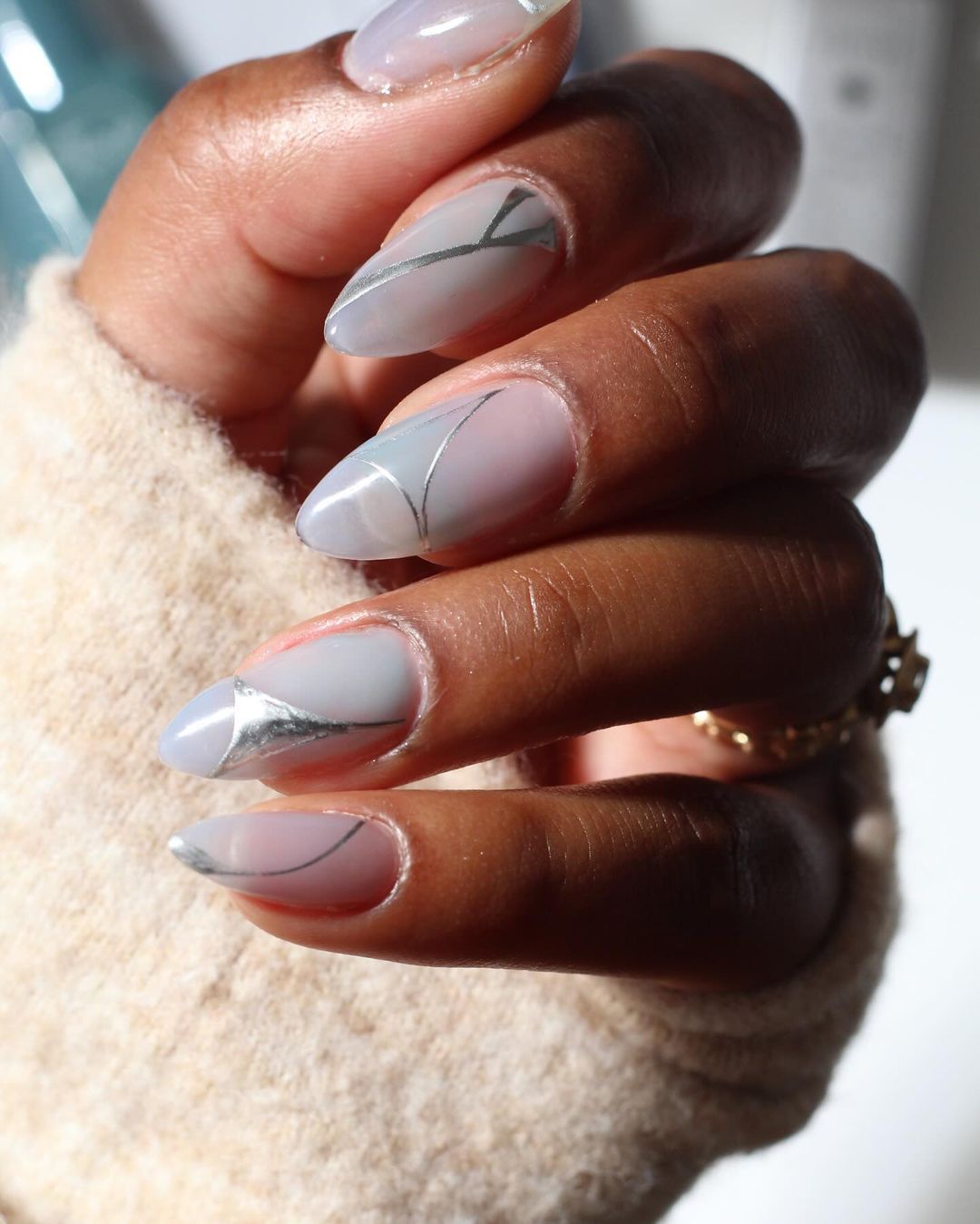 Geometric Silver Lines on Sheer Base — Silver Chrome Nails