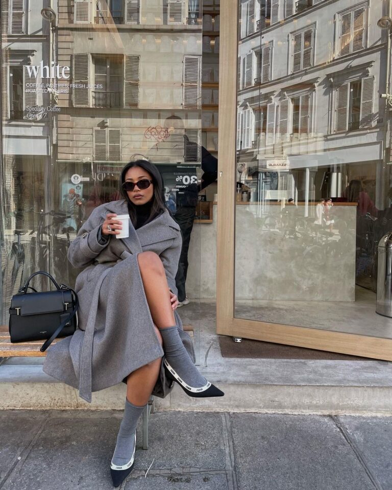 Grey Wool Coat Over Black Turtleneck and Midi Skirt — Neutral Winter Outfits