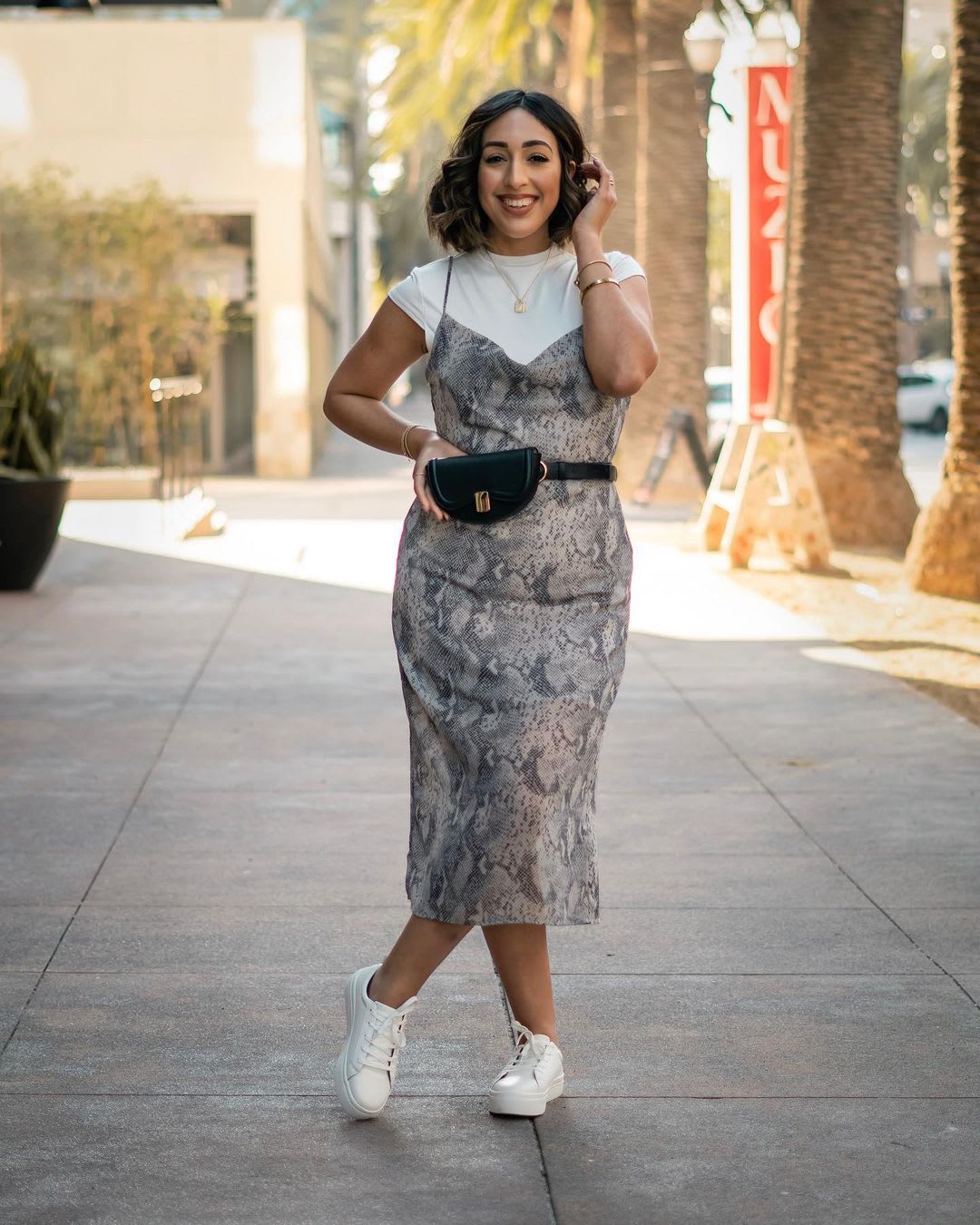 Snakeskin Slip Dress Over White T-Shirt — 90s Party Outfit Inspiration