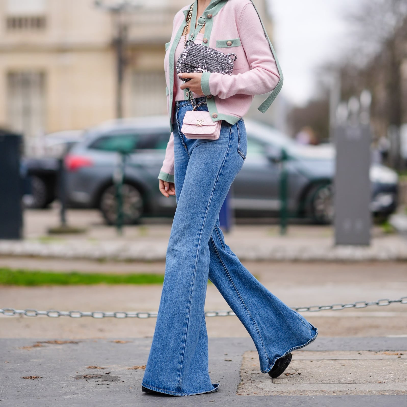 Flared Jeans With Pink Knit Top And Cardigan — 90s Party Outfit Inspiration