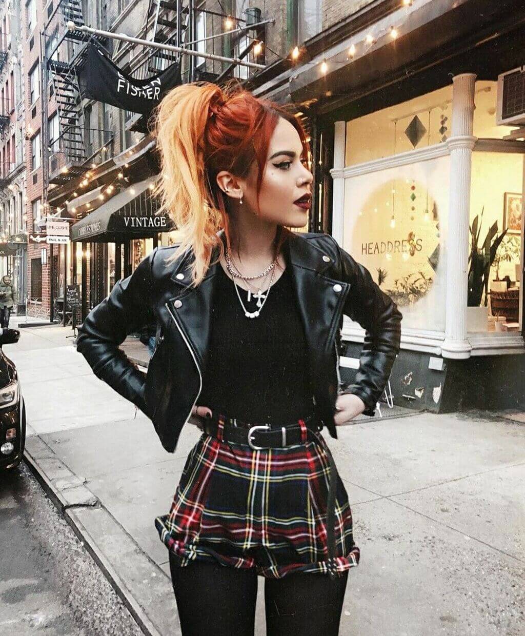 Plaid Mini Skirt With Leather Moto Jacket — 90s Party Outfit Inspiration