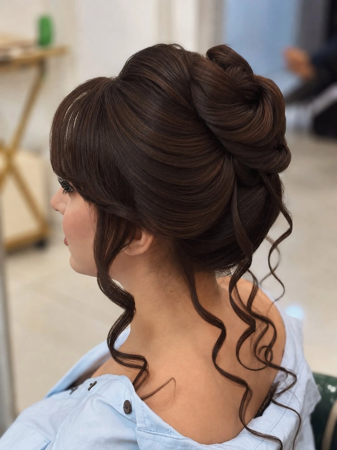 Dark sculptural updo with large folded shape and curled tendrils