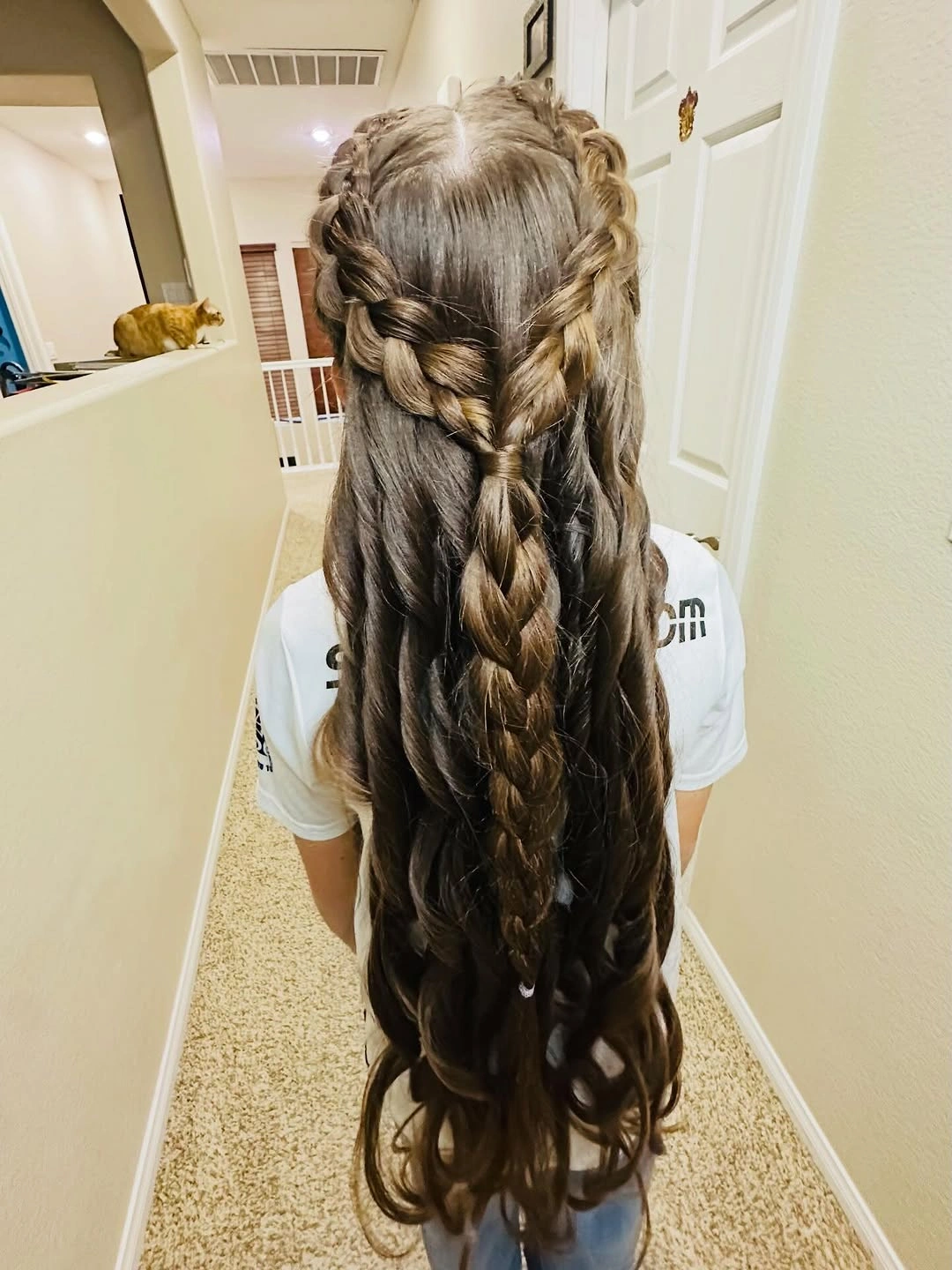 Very long dark hair with multiple central braided sections
