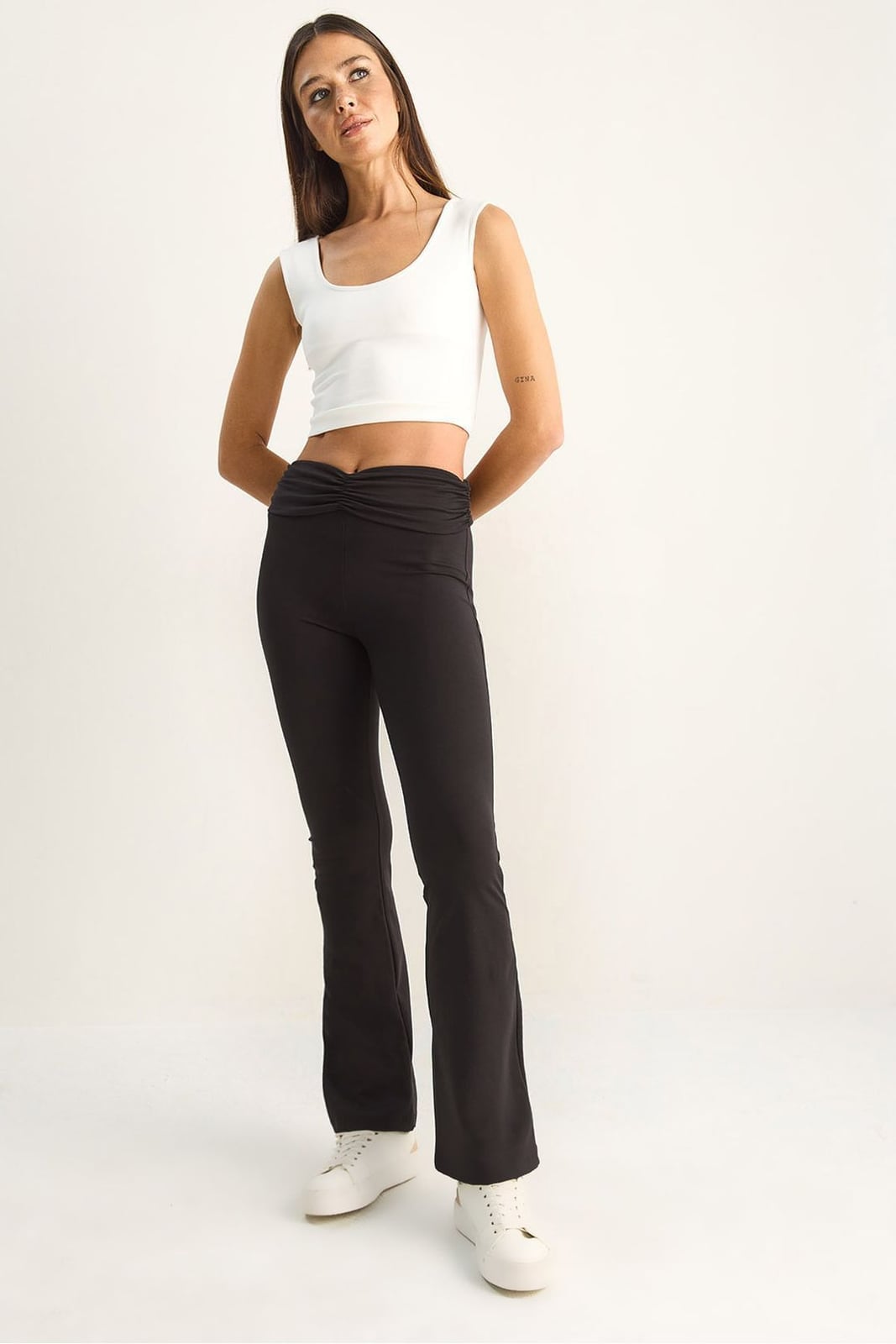Black Flare Leggings With Twisted Waistband and Wide Leg — Aesthetic Black Flare Leggings Outfit