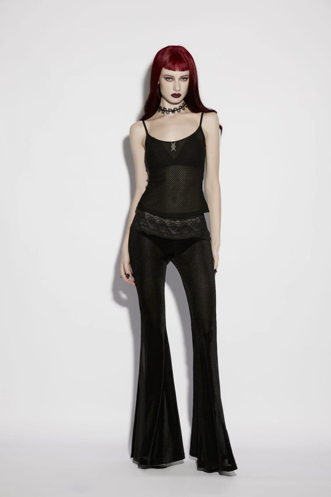 Goth Velour Mesh Flare Leggings — Aesthetic Black Flare Leggings Outfit