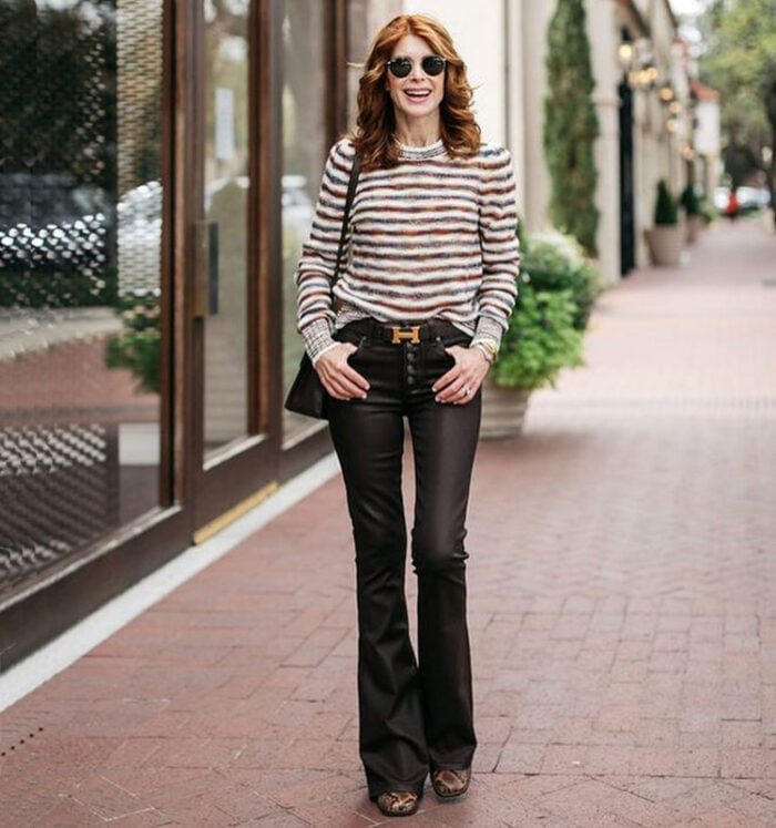 Casual Flare Leggings With Striped Sweater — Aesthetic Black Flare Leggings Outfit
