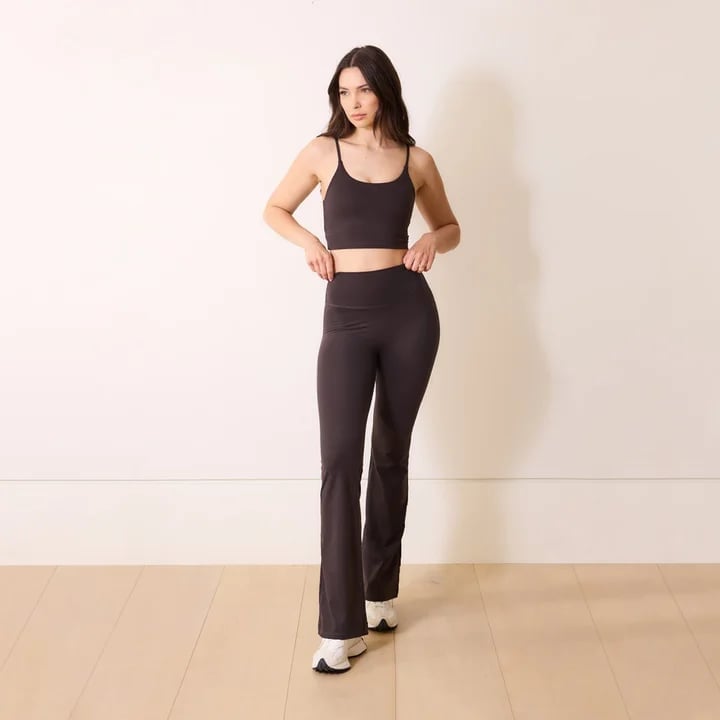 Monochromatic Dark Grey Flare Leggings Set — Aesthetic Black Flare Leggings Outfit