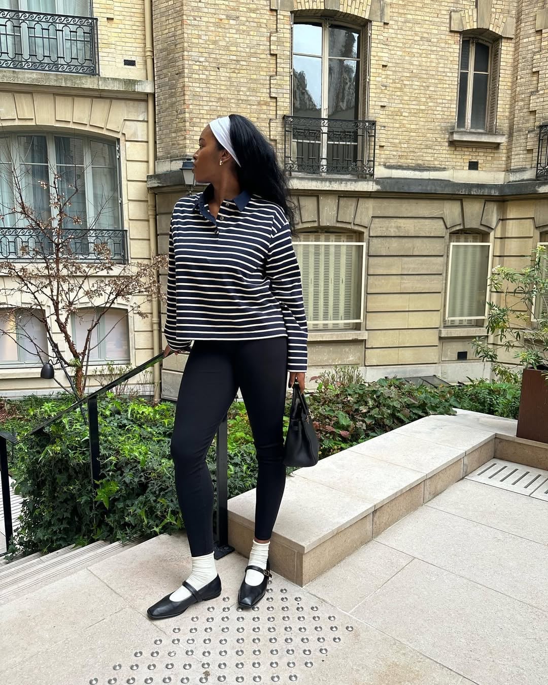 Striped Polo Shirt and Black Leggings for a Casual Day Striped Polo Shirt and Black Leggings for a Casual Day — Aesthetic Black Leggings Outfit