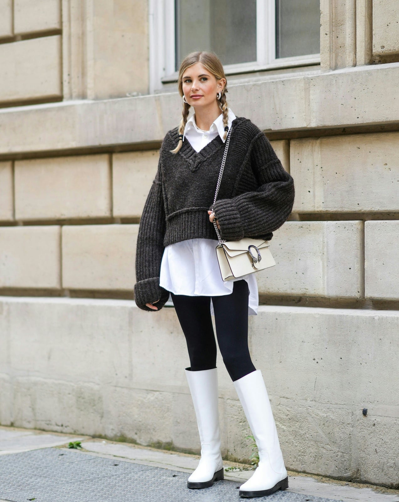 White Boots with Black Leggings and Grey Sweater, Close-Up Take White Boots with Black Leggings and Grey Sweater, Close-Up Take — Aesthetic Black Leggings Outfit
