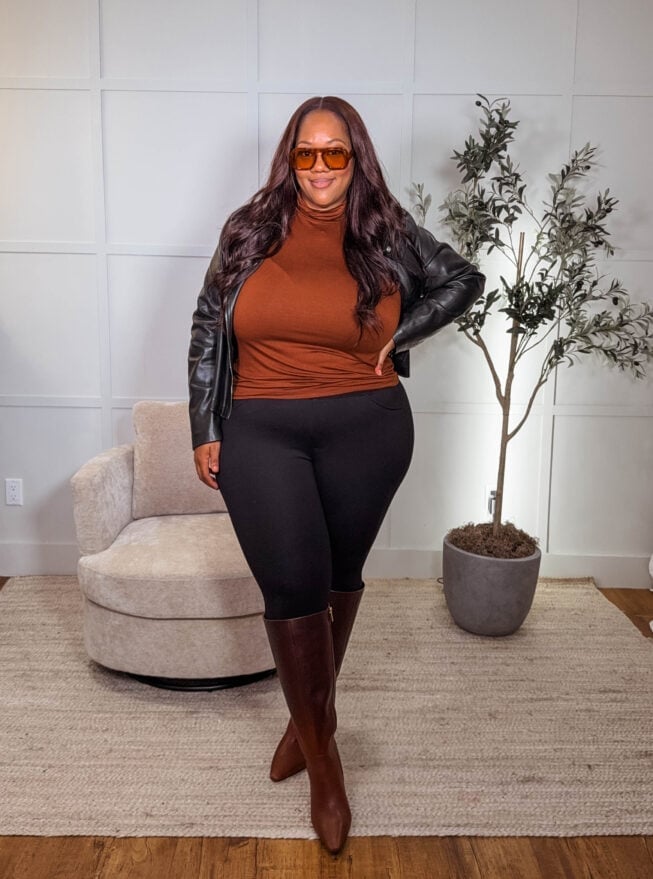 Rust Turtleneck and Black Leggings with Leather Jacket, Close-Up Take Rust Turtleneck and Black Leggings with Leather Jacket, Close-Up Take — Aesthetic Black Leggings Outfit