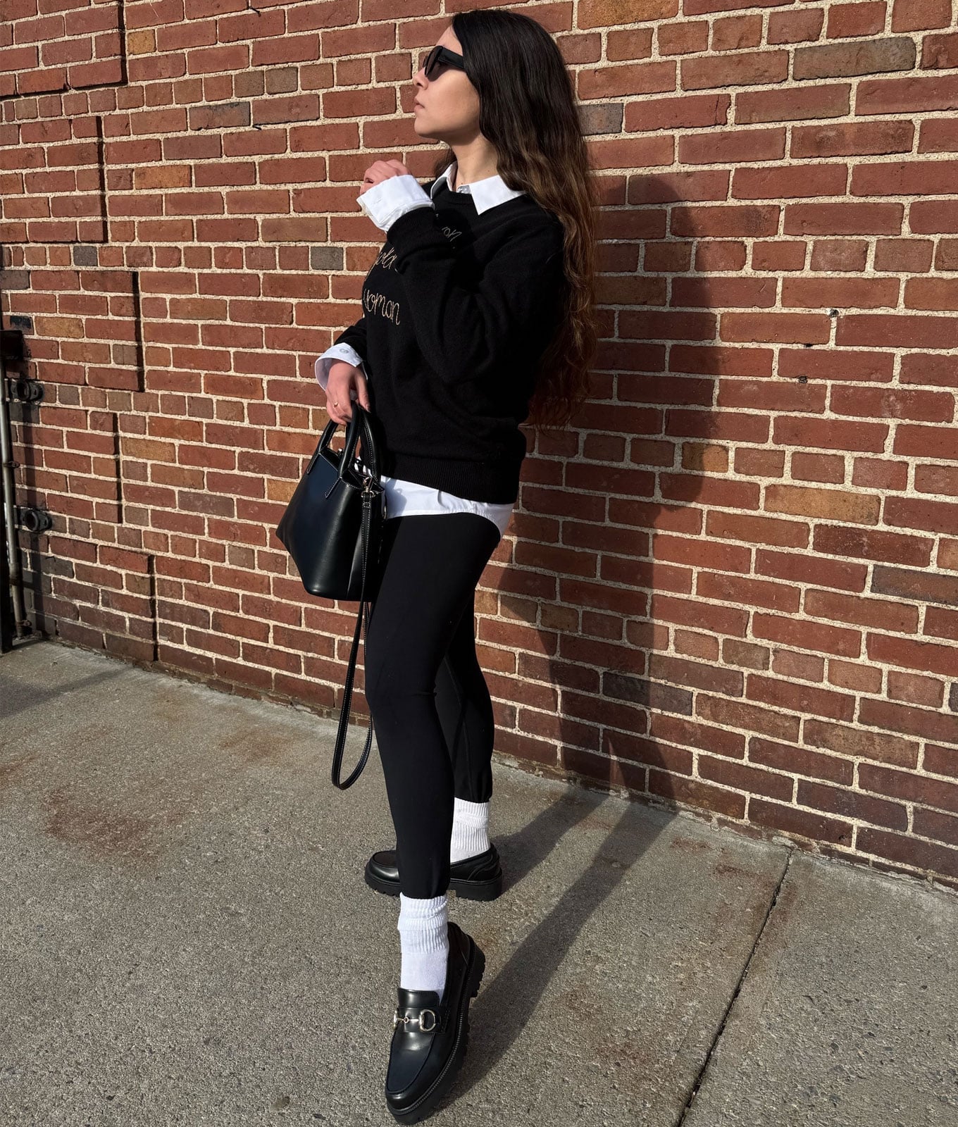 Layered Shirt and Sweatshirt with Black Leggings Layered Shirt and Sweatshirt with Black Leggings — Aesthetic Black Leggings Outfit