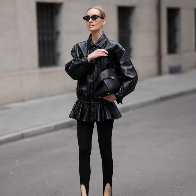 Edgy Black Leggings with a Leather Peplum Jacket Edgy Black Leggings with a Leather Peplum Jacket — Aesthetic Black Leggings Outfit